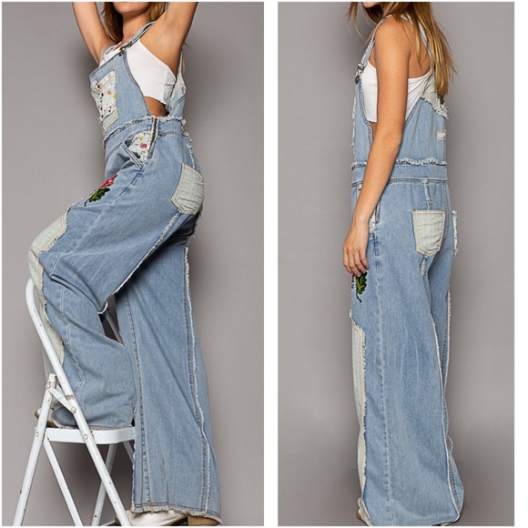 POL Blue Floral Patchwork Women Jeans Overalls - Picture 3 of 4